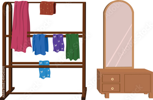 Dressing table and a clothes rail or rack flat design isolated on white background. Living room interior furniture collection