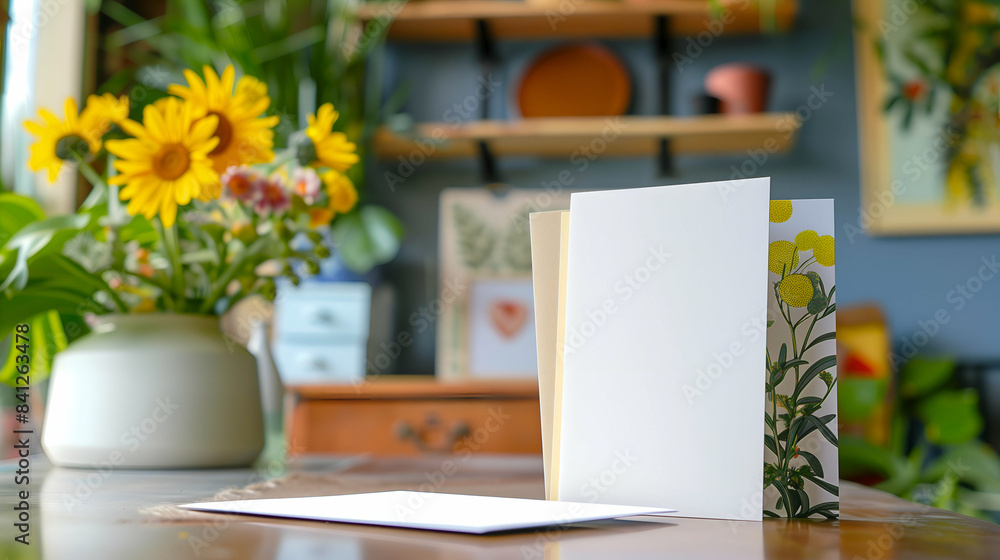Blank greeting cards on a wooden table with a vibrant sunflower arrangement in the background, perfect for personalized messages and invitations Blank greeting cards on a wooden table with a vibrant sunflower arrangement in the background, perfect for personalized messages and invitations