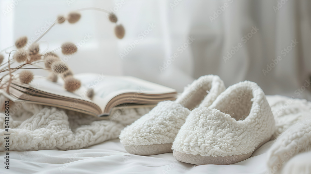 Cozy white slippers and an open book on a soft bed, creating a warm and relaxing atmosphere. Perfect for themes of comfort, relaxation, and peaceful home environments Cozy white slippers and an open book on a soft bed, creating a warm and relaxing atmosphere. Perfect for themes of comfort, relaxation, and peaceful home environments