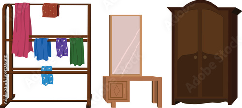 Dressing table, cupboard and a clothes rail or rack flat design isolated on white background. Living room interior furniture collection