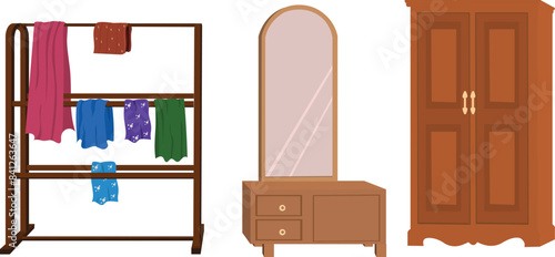 Dressing table, Wardrobe and a clothes rail or rack flat design isolated on white background. Living room interior furniture collection