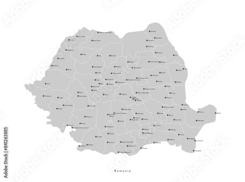Vector modern illustration. Simplified administrative map of Romania. Blue gradient effect. Names of cities and regions, counties