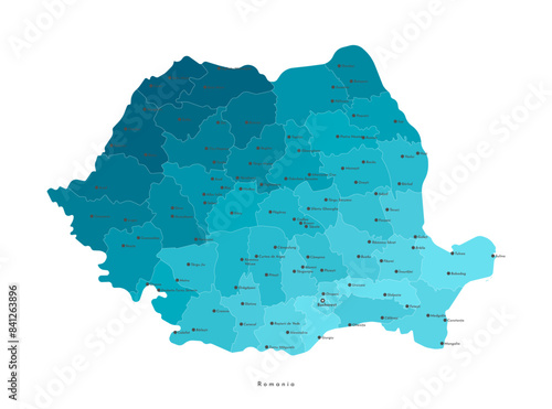 Vector modern illustration. Simplified administrative map of Romania. Blue gradient effect. Names of cities and regions