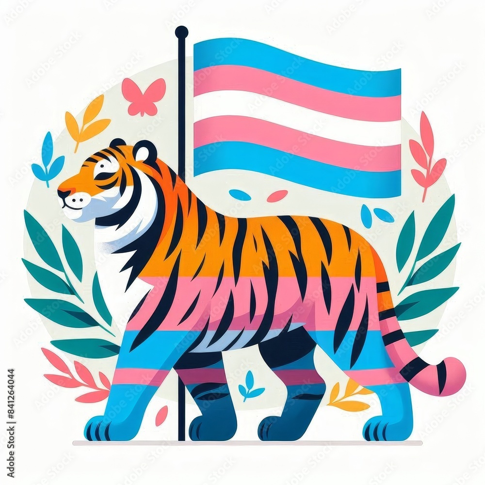 A tiger is standing in front of a flag with the word 