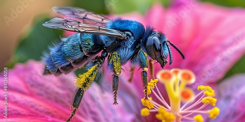 Violet carpenter bee (Xylocopa violacea) covered with pollen in flight on the flower of a hibiscuses photo