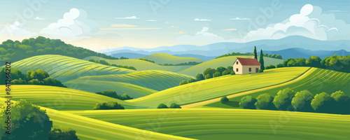 A picturesque countryside scene with rolling green hills and a quaint farmhouse nestled among the fields. Vector flat minimalistic isolated illustration.