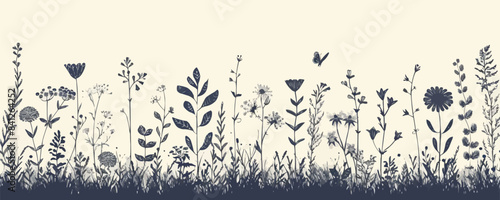 Wild herb, flowers and grass hand drawn in doodle style. vector simple illustration