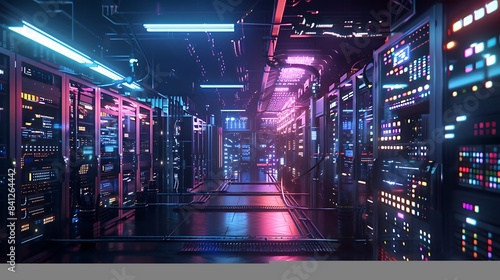 A bustling tech hub with rows of powerful servers and glowing LED lights