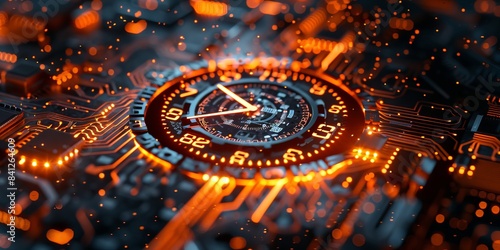 Time Technology Concept with clock symbol on a Microchip. Orange Neon Data flows between Users and the CPU across a Futuristic Motherboard. photo