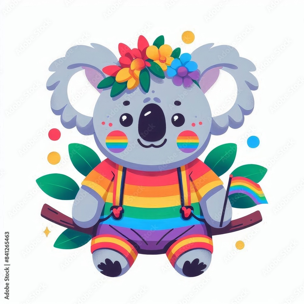 Obraz premium A cartoon koala wearing a rainbow outfit and holding a rainbow flag