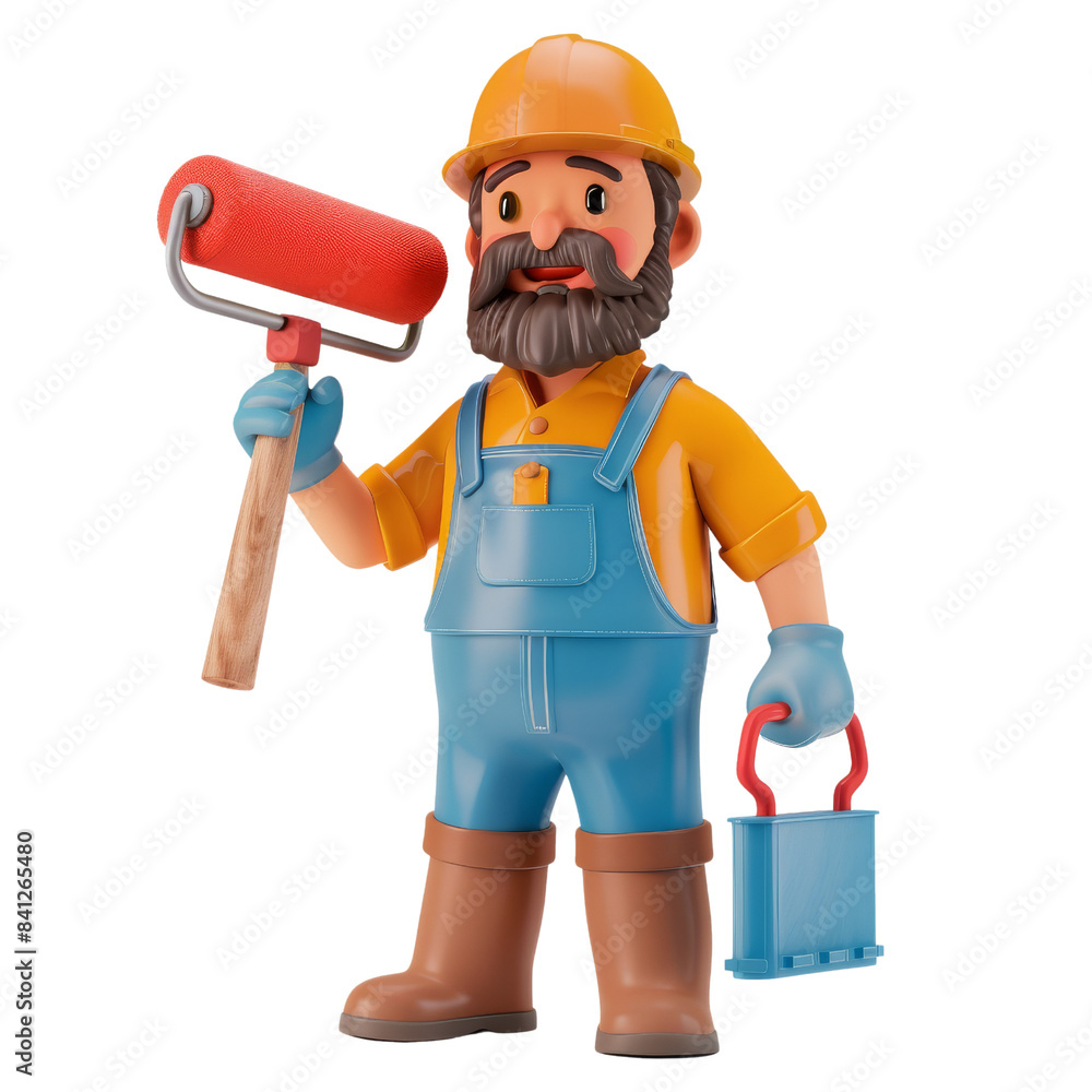 3D illustration of a construction worker in overalls holding a paint roller and paint bucket, prepared for painting work. 3D illustration of a construction worker in overalls holding a paint roller and paint bucket, prepared for painting work.