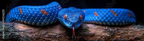A blue snake with a blue body and red tongue is coiled on a tree branch against a black background, in the style of a National Geographic photo