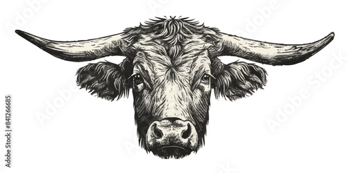 A cow with horns is the main focus of the image