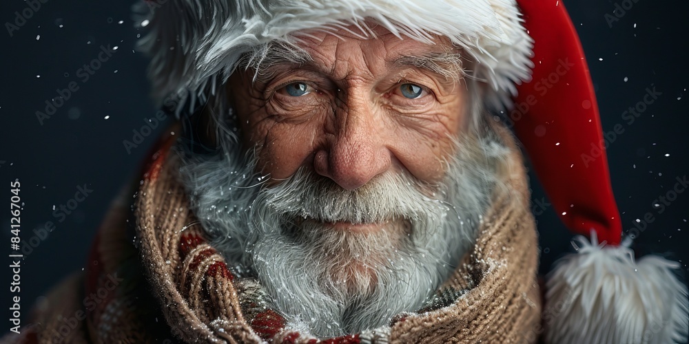 portrait of smiling senior man in Santa Claus hat with long white beard looking at camera against dark background portrait of smiling senior man in Santa Claus hat with long white beard looking at camera against dark background