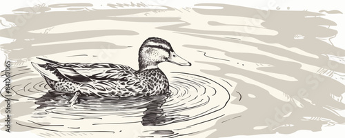 A duck is swimming in a pond