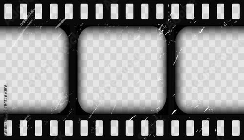 Old cinematic frame, video film strip. Retro vintage tape empty template with slide. Tape border, grunge textured silhuette. Video photo reel on transparent background 