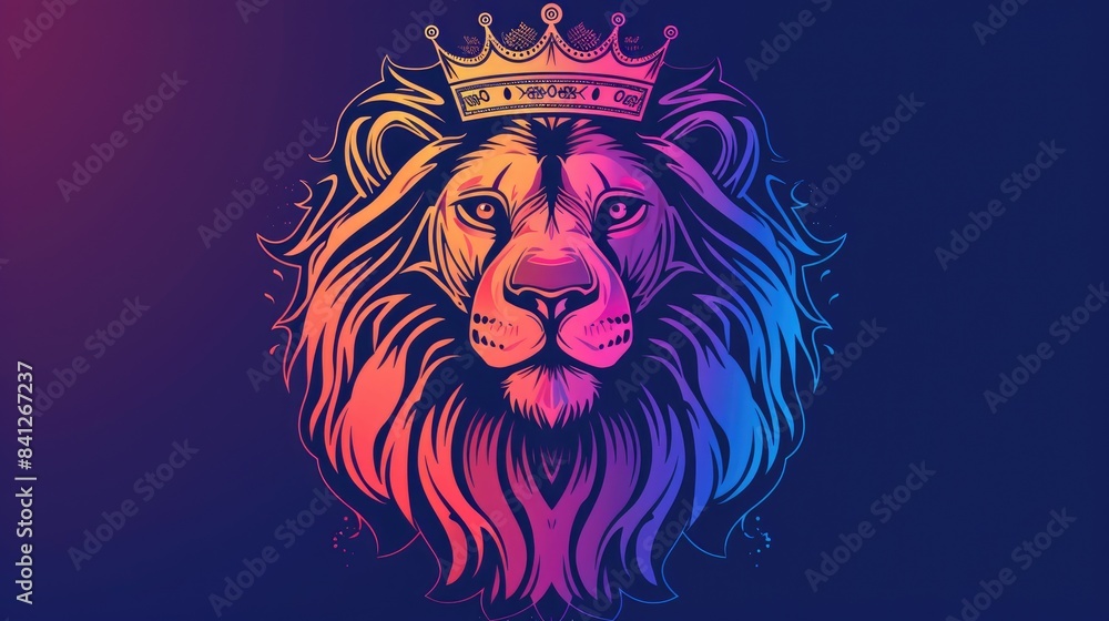 Obraz premium Cartoon lion with crown depicted in a cold gradient line drawing