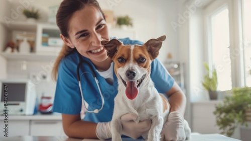 Happy vet with dog in clinic. A warm and inviting scene of a veterinarian with a dog in a modern clinic. This image is perfect for promoting veterinary services, pet care tips, and health articles. AI