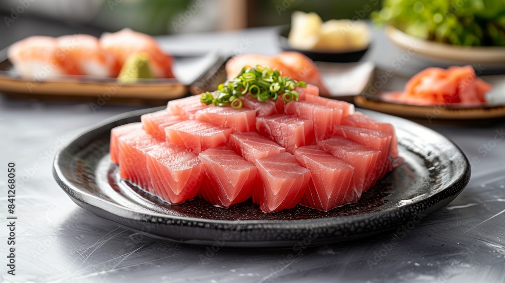sashimi of tuna on a dark plate sashimi of tuna on a dark plate