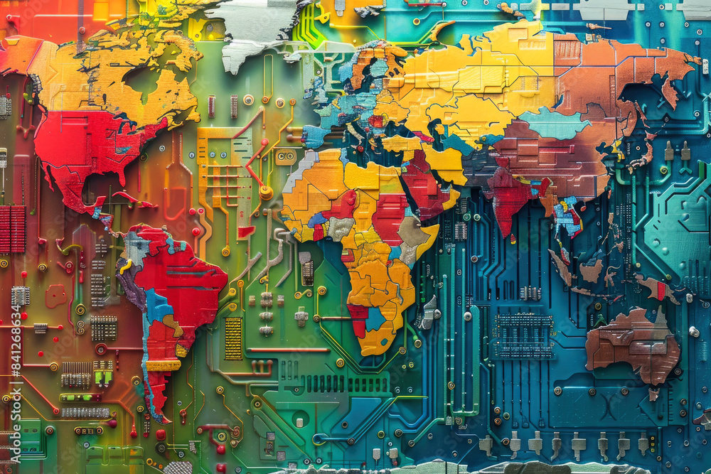 Fototapeta premium Global map made of electronic circuit board components symbolizing world trade and global electronics market