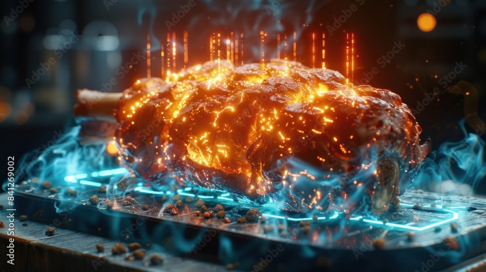 Pork knuckle served with a side of futuristic holographic garnish, Sci-fi, Neon, 3D render Pork knuckle served with a side of futuristic holographic garnish, Sci-fi, Neon, 3D render