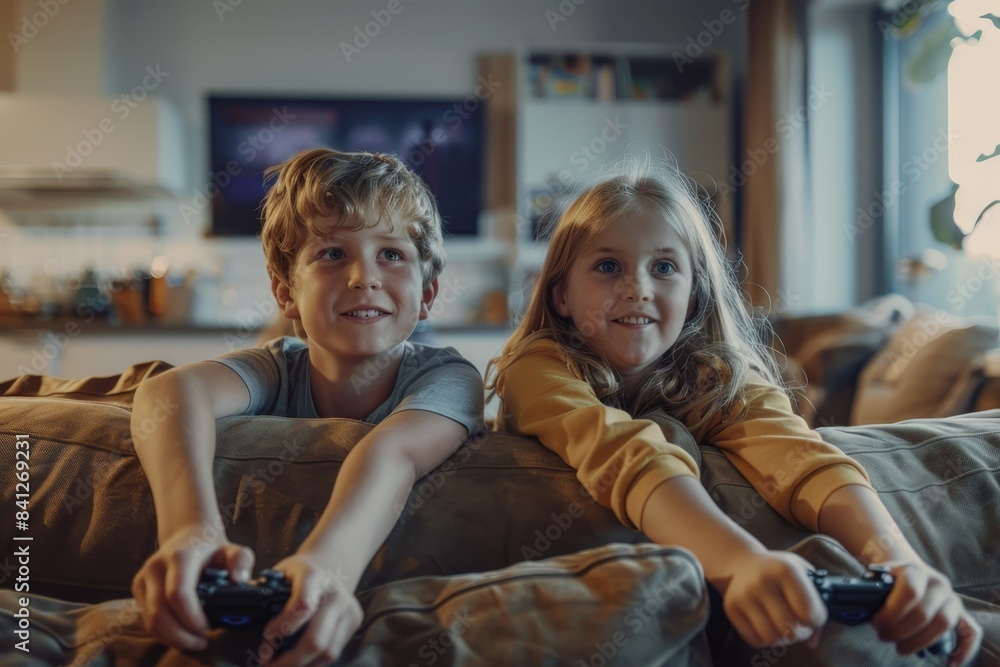 illustration of kids view playing videogames or watching tv and looking a big screen sitting o a cozy big couch illustration of kids view playing videogames or watching tv and looking a big screen sitting o a cozy big couch