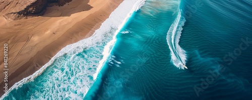 Aerial view of a surfer on a wave in Famara beach, Lanzarote, Spain. photo