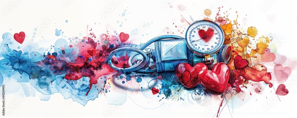 A detailed watercolor of a blood pressure monitor wrapped around an arm, with a backdrop of heart health symbols and healthy lifestyle elements