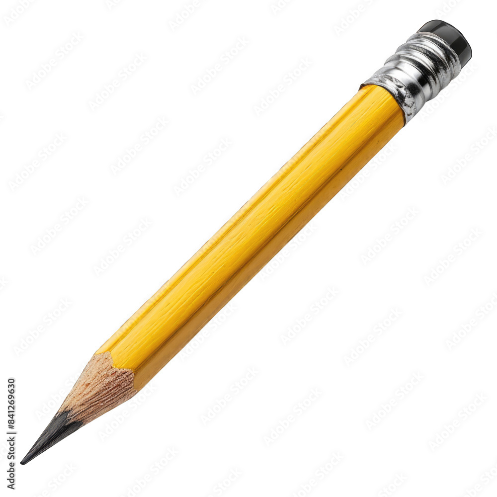 Close-up image of a sharp yellow pencil with a metallic eraser, isolated on a white background, isolated on white background, transparent background, Perfect for educational and creative concepts. Close-up image of a sharp yellow pencil with a metallic eraser, isolated on a white background, isolated on white background, transparent background, Perfect for educational and creative concepts.