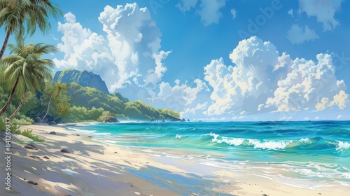 Tropical Paradise - Depict a tropical beach with turquoise waters  white sand  and swaying palm trees under a bright  sunny sky