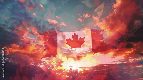 Canadian flag on a background of beautiful clouds. Double exposure style image for background. photo