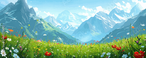 A serene alpine meadow dotted with wildflowers, framed by towering peaks dusted with snow. Vector flat minimalistic isolated illustration.