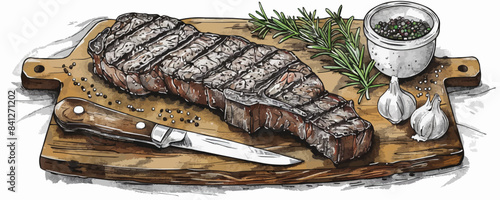 Sketch hand drawn grilled steak on wooden board with cleaver knife and spices. vector simple illustration