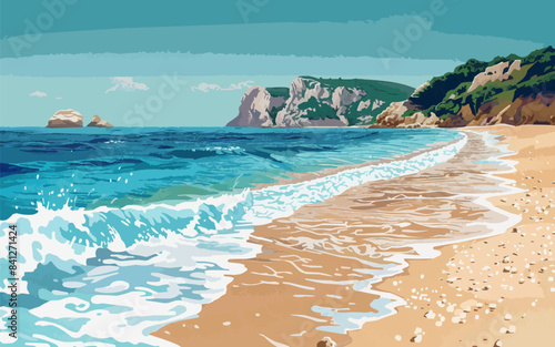 A secluded beach where gentle waves wash the golden sand, with a rocky cape visible in the distance. Vector illustration.