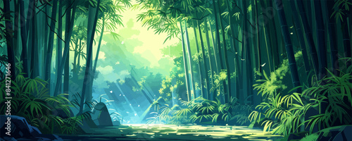 A tranquil bamboo forest with sunlight filtering through the dense canopy, casting dappled shadows on the forest floor. Vector flat minimalistic isolated illustration.