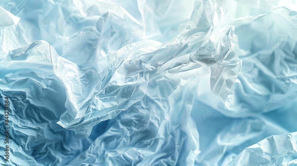 A close-up of crumpled plastic sheets with a soft, translucent texture in varying shades of blue and white. A close-up of crumpled plastic sheets with a soft, translucent texture in varying shades of blue and white.