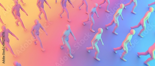 Futuristic surreal characters walking against a vibrant gradient background  creating an abstract and colorful visual effect.