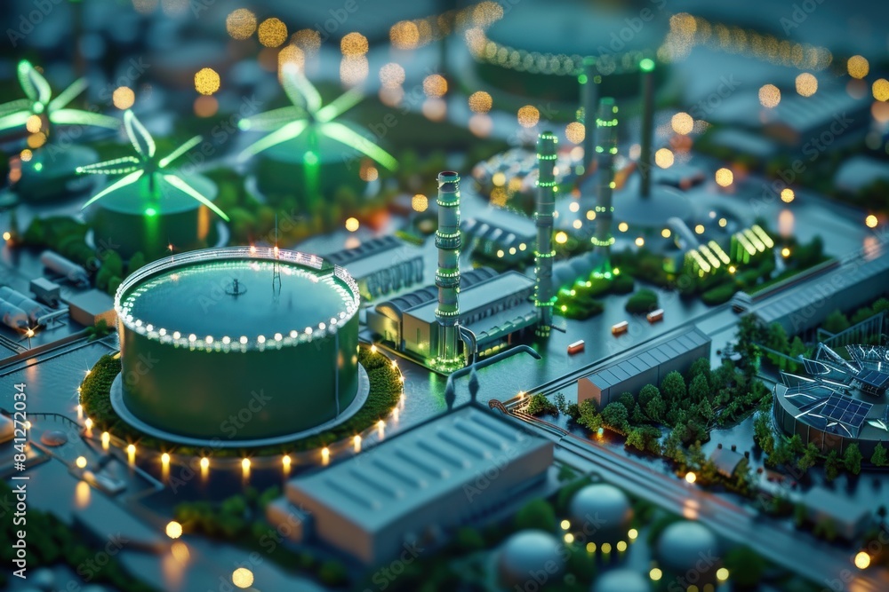 Obraz premium Futuristic green energy plant with advanced technology, wind turbines, and sustainability features, illuminating a model cityscape.