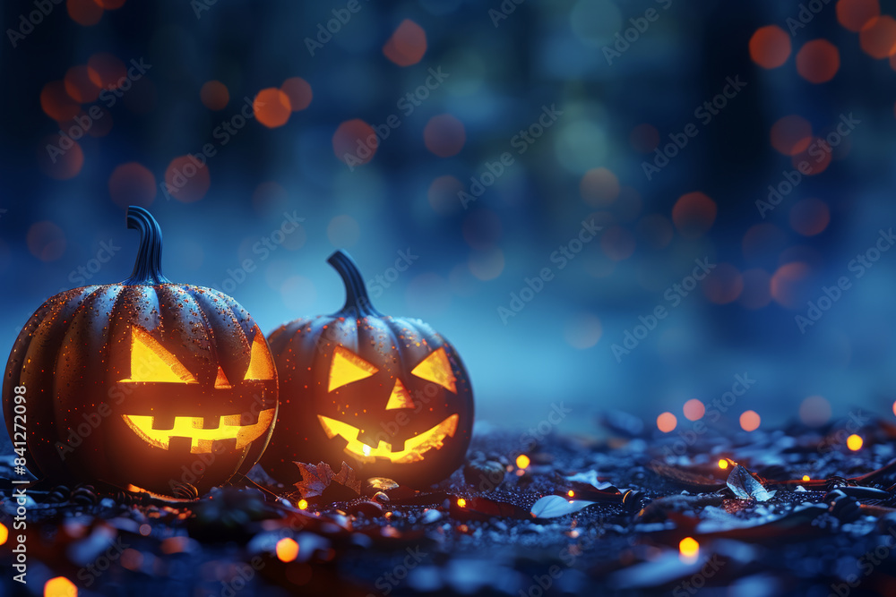 Fototapeta premium Halloween pumpkins on a dark blue background with lights and bokeh, creating a spooky Halloween scene of a Halloween night concept, with copy space for design.