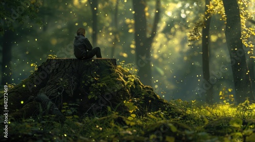 Person sitting on a tree stump in a magical forest with sunlight and glowing particles, creating a serene atmosphere.