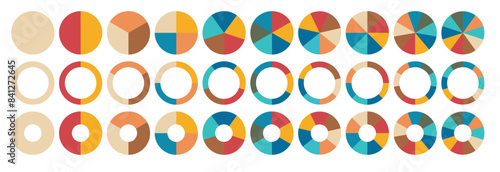 Pie charts diagrams. Different color circles isolated. Infographic element round shape. Vector
