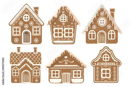 Set of sweet gingerbread houses in cartoon style. Vector illustration of delicious gingerbread houses with protein icing: snowflakes, hearts, dots, wavy lines, and decorated with colored sprinkles.