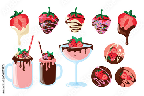 Set of delicious chocolate covered strawberries in cartoon style.Vector illustration of tasty strawberries in white, milk, pink chocolate, decorated with sprinkles, icing isolated on white background.