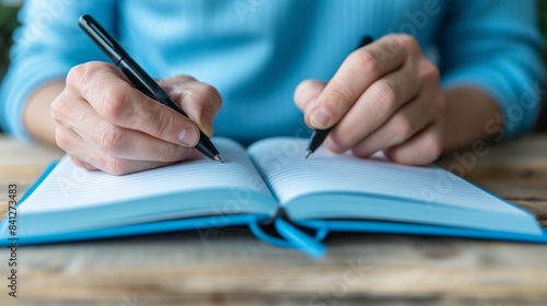 The hands writing in notebook