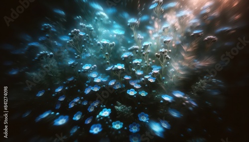 Delicate Blue and Turquoise Flowers with Motion Blur Effect in Natural Setting 