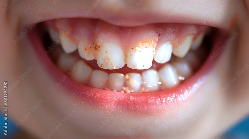 Obraz premium Close-up of a child's smiling mouth with visible teeth and lips, showing food stains on the front teeth, highlighting dental hygiene.