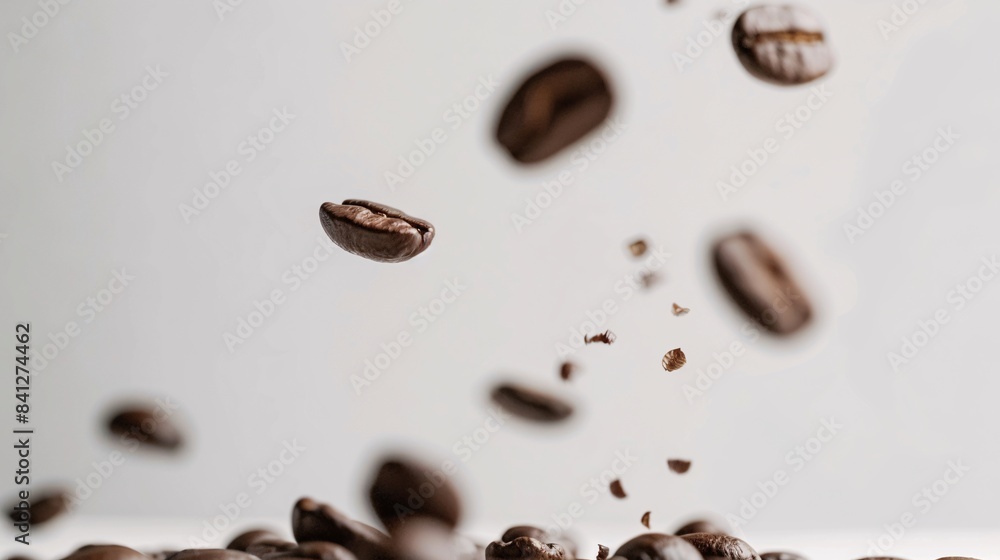 Immerse yourself in the artistry of coffee with this captivating photo of coffee beans levitating against a pristine white background. The delicate balance of light and shadow accentuates the texture Immerse yourself in the artistry of coffee with this captivating photo of coffee beans levitating against a pristine white background. The delicate balance of light and shadow accentuates the texture