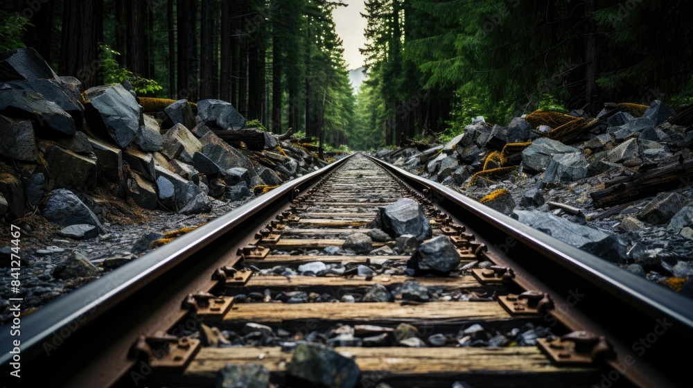 Railroad tracks leading through a dense forest with rocks scattered around, creating a serene, natural atmosphere. Railroad tracks leading through a dense forest with rocks scattered around, creating a serene, natural atmosphere.