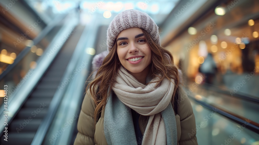 Smiling young woman in winter clothes stands in front of escalator at shopping mall, enjoying holiday shopping and festive decorations. Smiling young woman in winter clothes stands in front of escalator at shopping mall, enjoying holiday shopping and festive decorations.