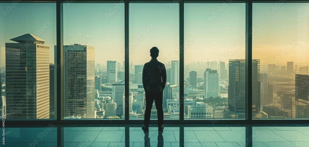 Fototapeta premium Silhouette of a man standing by a large window, overlooking a cityscape during sunset, symbolizing contemplation and ambition.